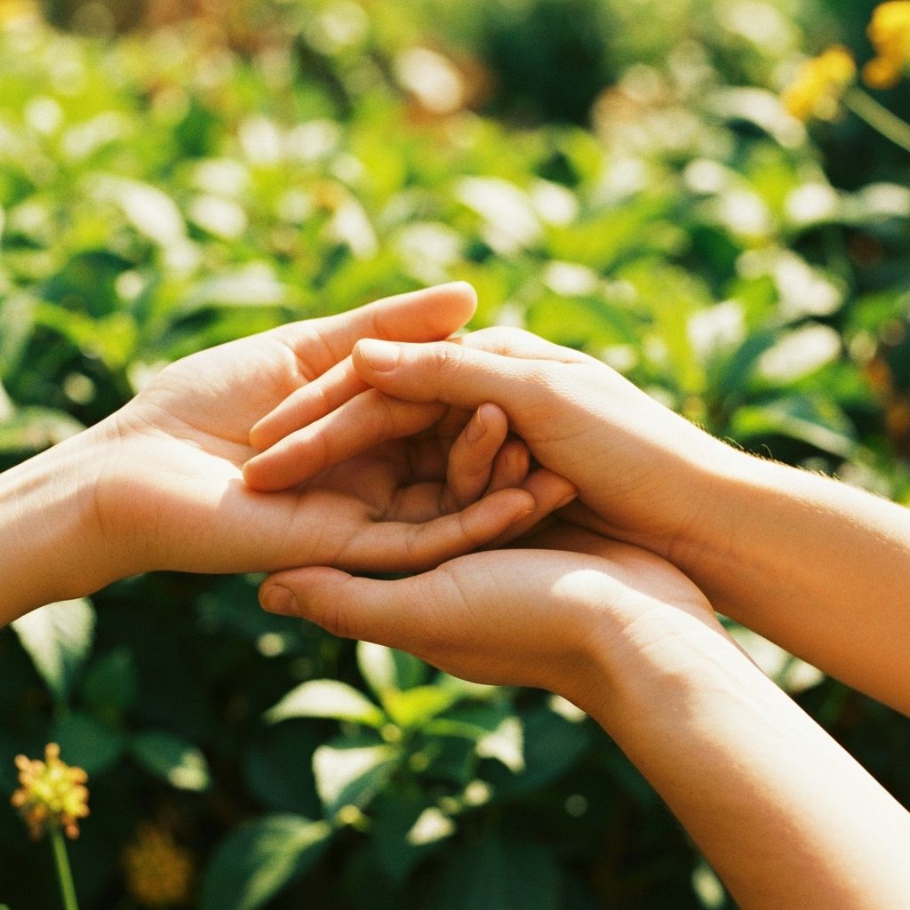 Two hands resting gently together in a garden